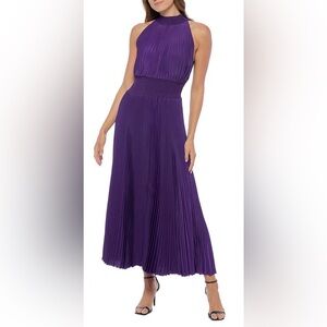 Marina Mock Neck Smocked Pleated Crepe Chiffon A-Line Midi Dress, 4 NWT